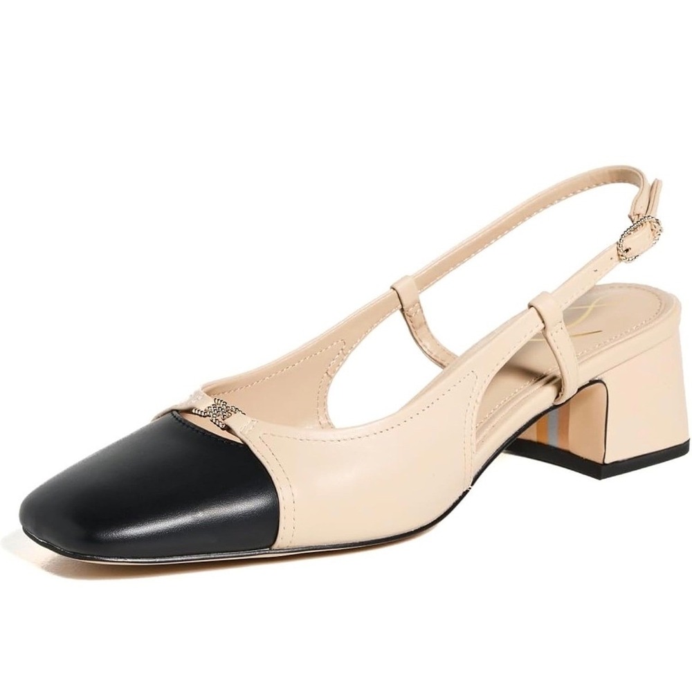 Sam Edelman Tarra2 Slingback Pump Summer Sand Black Leather Square Toe Heel 7M